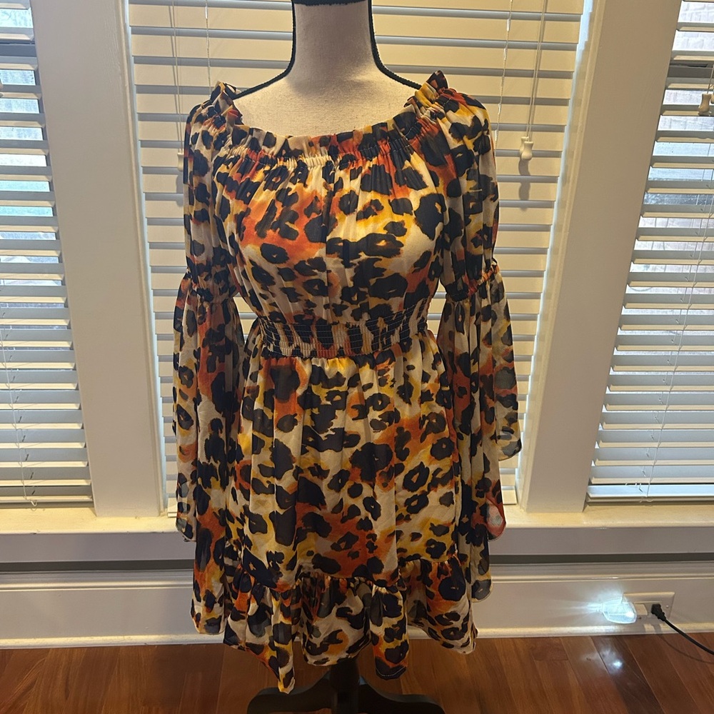 Off-Shoulder Long-Sleeve Leopard Print Dress in Multi-Color